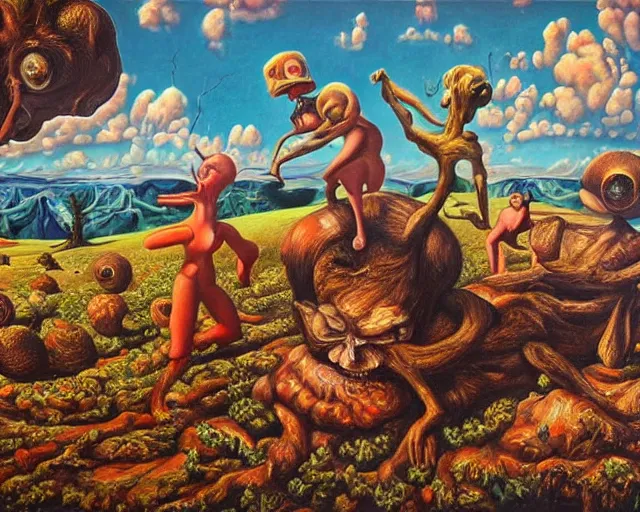 Prompt: refined oil painting lowbrow pop surreal masterpiece in the style of dorothea tanning robert williams todd schorr perfect uncluttered composition, deserted landscape, small figures in the distance, large strange figure in the foreground, dramatic lighting, extremely detailed, sharp focus, cast shadows, chiaroscuro
