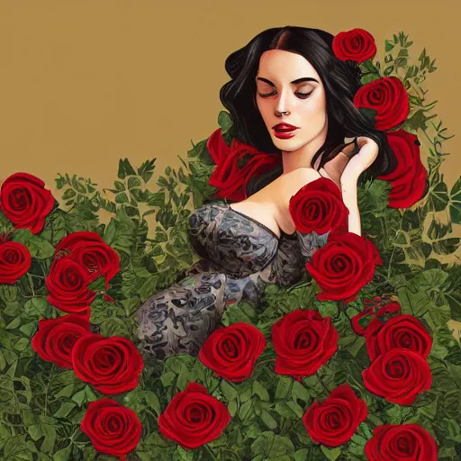 Prompt: full body image of a beautiful woman covered in ivy and red roses, ornate gown standing in a bed of roses, rim light, dynamic lighting, etherial lighting, ultra detail, concept art, elegant, surreal, illustration by lisa aisato