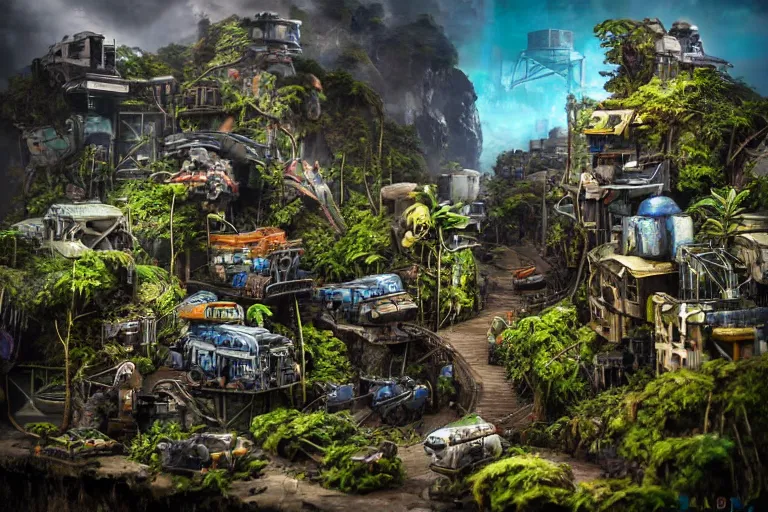 Image similar to sci - fi favela sculpture, wartime jungle environment, industrial factory, cliffs, sunny, milky way, award winning art, epic dreamlike fantasy landscape, ultra realistic,