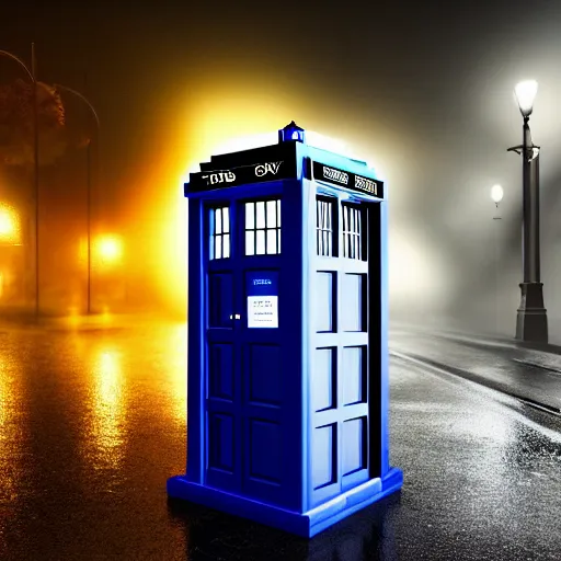 Image similar to a hyperdetailed photograph of the tardis sat on a futuristic street corner, night, dense fog, rain, hd, 8 k resolution