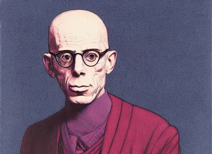 Prompt: michel foucault using iphone, muted blue and red tones, portrait face, in the style of peter ferguson, frantisek kupka, intricate, miles johnston, kuroda seiki, cynical realism, ozabu, john william godward, painterly, yoshitaka amano, moebius, miles johnston, louise zhang, james jean