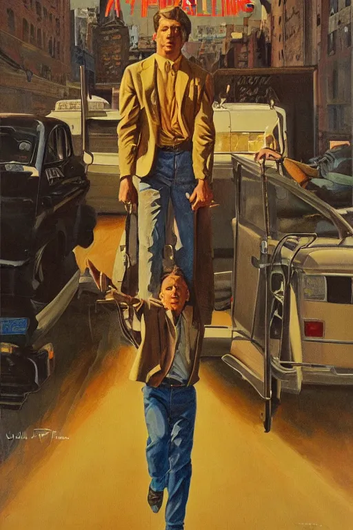 Image similar to don't leave me hangin ', an ultrafine detailed painting by john philip falter, austin briggs, cg society, american scene painting, dystopian art, american realism, academic art, movie poster, poster design, concert poster