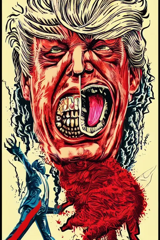 Prompt: Donald Trump as a disgusting monster on a 1970s horror movie poster , vintage 70s print, detailed, scary, horror, screen print, trending on artstation