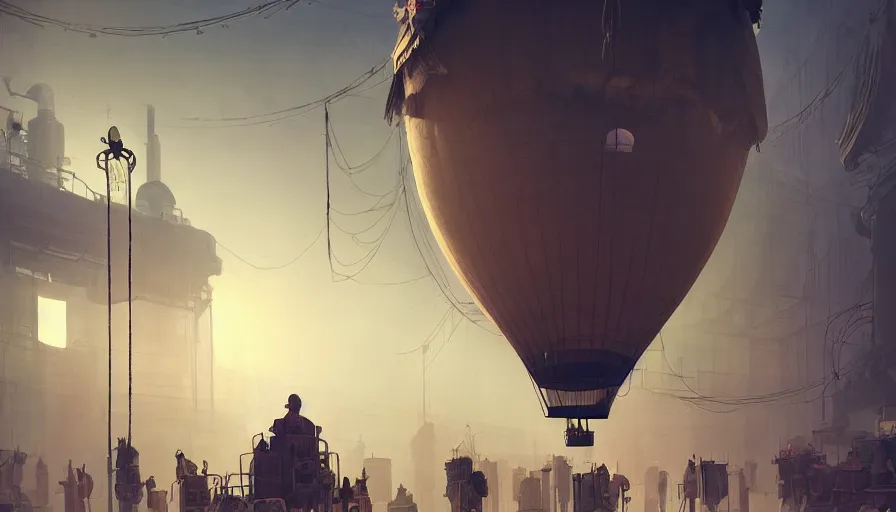 Prompt: Hot air balloon factory plant in a Dieselpunk city, steam, epic composition, intricate, elegant, volumetric lighting, digital painting, highly detailed, artstation, sharp focus, illustration, concept art, ruan jia, steve mccurry