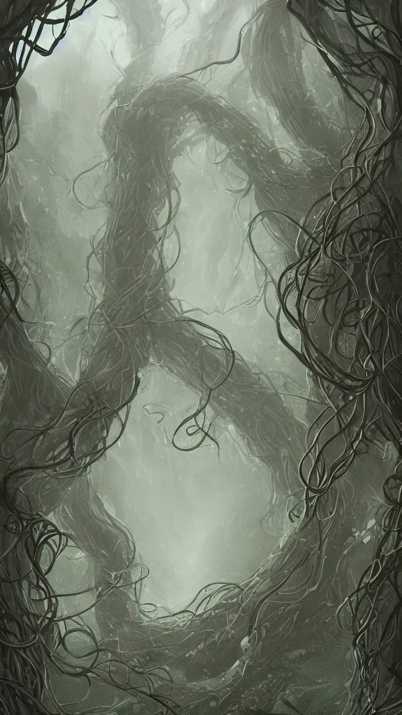 Image similar to long thick vines everywhere, fantasy art, art station, grey background,