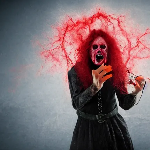 Image similar to A realistic photo of a creepy witch, huge red lightning coming out of her mouth, blood, dead skin, detailed body