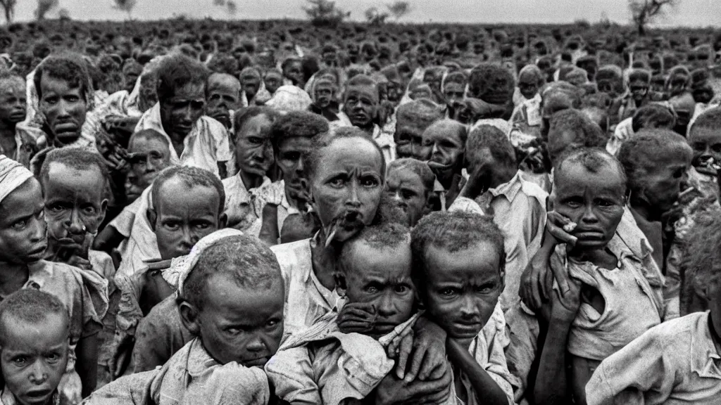 Image similar to 1 9 8 4 ethiopian famine and drought, dark, moody, a news report by bbc, 8 k