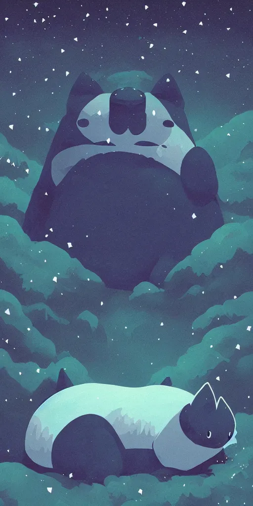 Image similar to glowing snorlax totoro, mountain landscape, night sky, digital art, digital painting, celestial, majestic, colorful