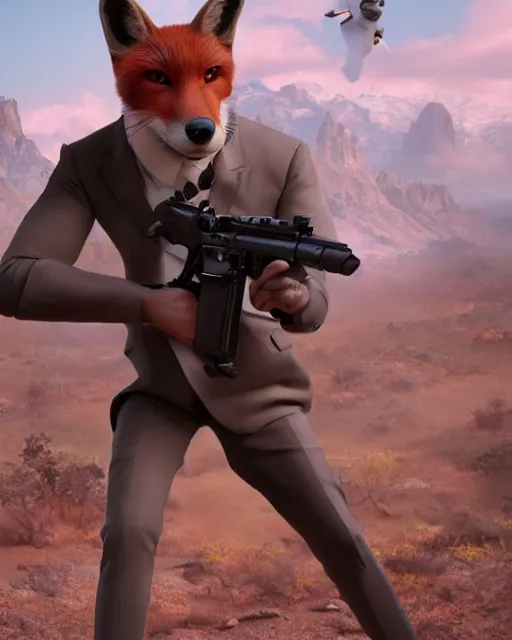 Prompt: movie still photo of anthropomorphic vulpes vulpes fulva as james bond by weta, pixar disney greg rutkowski, wlop, ilya kuvshinov, rossdraws, artgerm, octane render, iridescent, bright morning, liosh, mucha