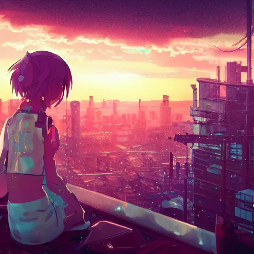Prompt: android mechanical cyborg anime girl child overlooking overcrowded urban dystopia. Pastel pink clouds baby blue sky. Gigantic future city. Raining. Makoto Shinkai. Wide angle. Distant shot. Purple sunset. Sunset ocean reflection.
