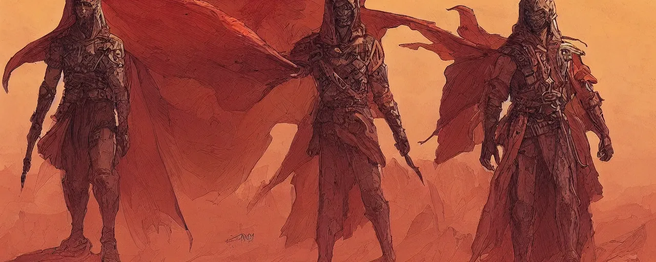 Prompt: lone wandering male figure in heavy robes and desert survival gear, artstyle of Moebius, style of Philippe Druillet, style of Rodan, brutalist style overall aesthetic, warm colors, trending on Artstation