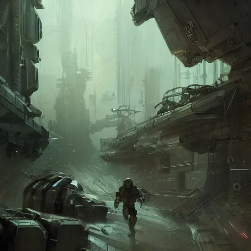 Image similar to concept art by greg rutkowski, soldiers in futuristic tactical gear, running around the outside of a space colony, futuristic, brutalistic environment, scifi, detailed and intricate environment, reddish lighting, stressful atmosphere, high technology, highly detailed portrait, digital painting, artstation, concept art, smooth, sharp foccus ilustration, artstation hq.