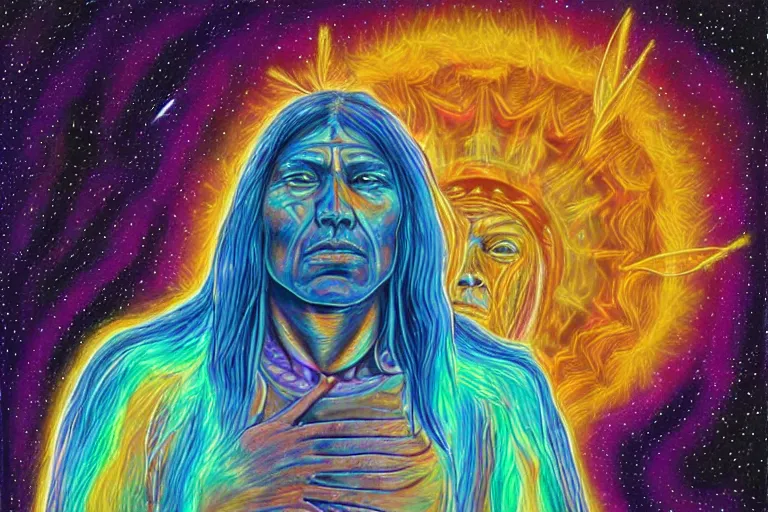 Image similar to digital art of a spiritual native american man looking up at the stars, glowing light, acrylic art, universe, painting, pastel colors, alex grey,