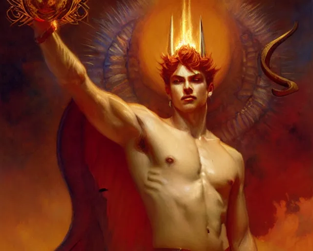 Image similar to attractive male deity, casting demonic magic, summoning handsome lucifer morning star. highly detailed painting by gaston bussiere, craig mullins, j. c. leyendecker 8 k