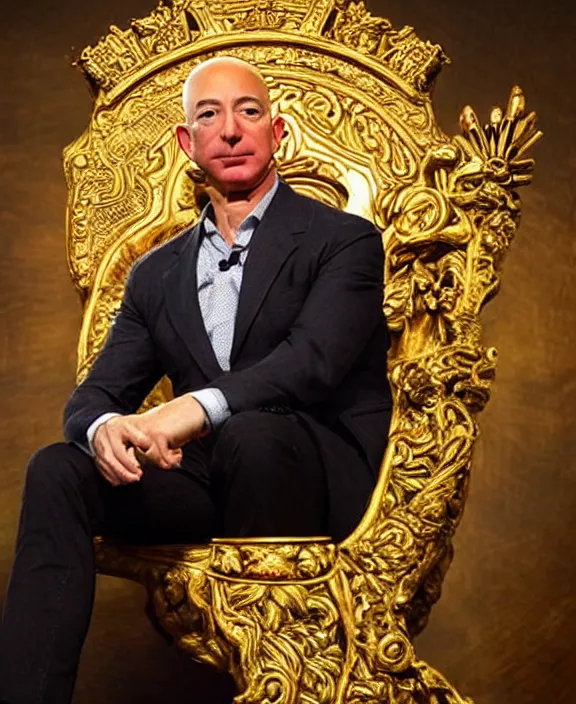 Image similar to a vivid fantasy portrait of jeff bezos sitting on a dark throne