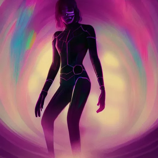 Image similar to long Shot of psychedelic Black widow standing in mysterious chromatic astral temple , stylish, lsd, soft, artstation, cinematic, artwork by WLOP