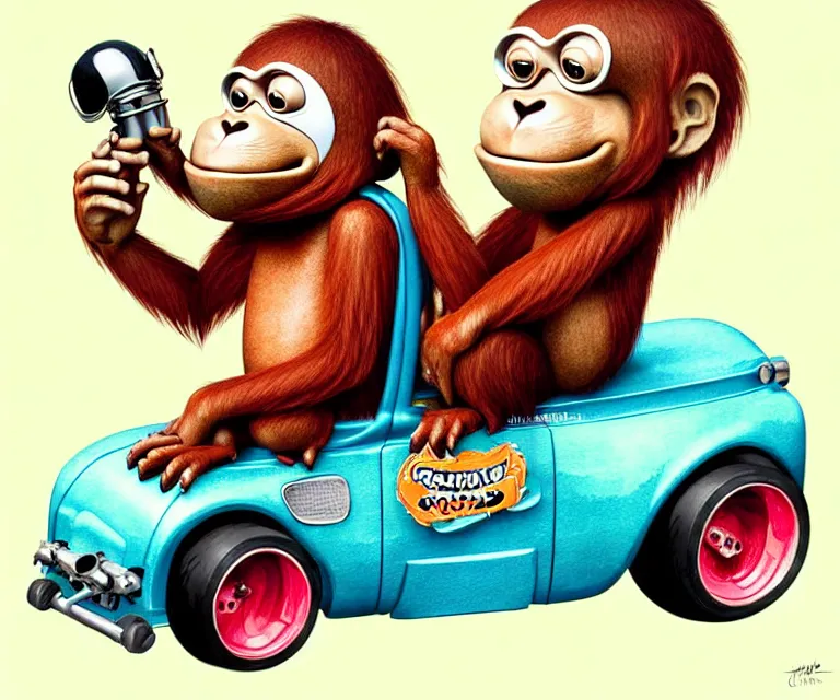 Prompt: cute and funny, orangutan wearing a helmet riding in a tiny hot rod with oversized engine, ratfink style by ed roth, centered award winning watercolor pen illustration, isometric illustration by chihiro iwasaki, edited by range murata, tiny details by artgerm, symmetrically isometrically centered