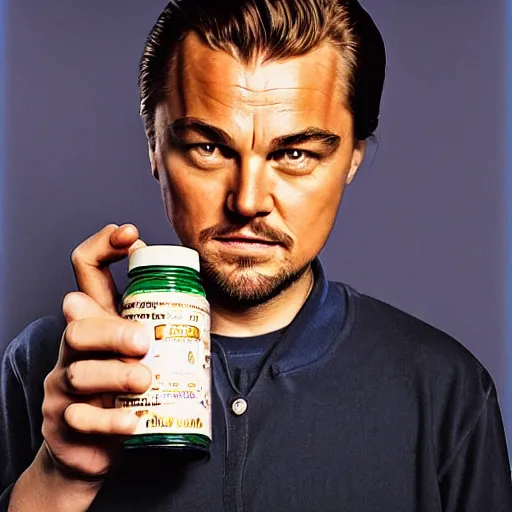 Prompt: detailed studio portrait of leoanrdo dicaprio holding tiny jar of tincture. watching at camera. studio light, polished look, solid background, ad, fashion photography, by pierpaolo ferrari and maurizio cattelan, 3 5 mm photograph, david lachapelle, canon eos c 3 0 0, 8 k