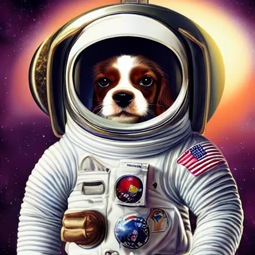 Image similar to cavalier king charles spaniel, wearing an cosmonaut helmet, russian cosmonaut, on the moon, art by artgerm and david a hardy