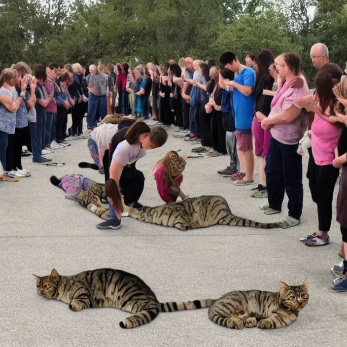 Image similar to humans praying to a giant cat god