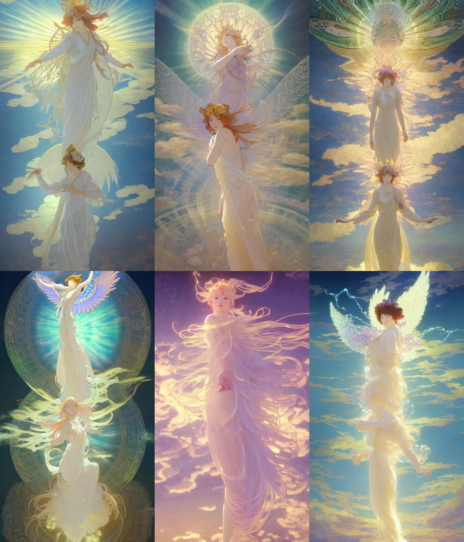 Prompt: glowing cloud, goddess angel of tranquility. hyper detailed, character concept, full body, dynamic pose, intricate, lineart, cerpuscular rays, lily flowers. by yoshitaka amano, alfons mucha and makoto shinkai. 8 k