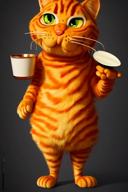 Image similar to fullbody!! personification of garfield the cat garfield god holding a blood chalice, stunning, garfield cat face, hyperrealistic, trending on artstation, smooth and sharp, intricate, highly detailed, elegant, professional character concept art by tatyana kupriyanova