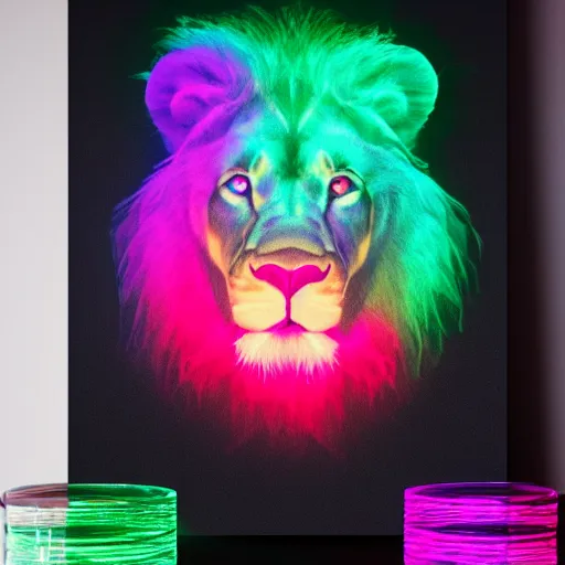 Prompt: black canvas, lion, neon lights, strawberry, dj, volumetric lighting