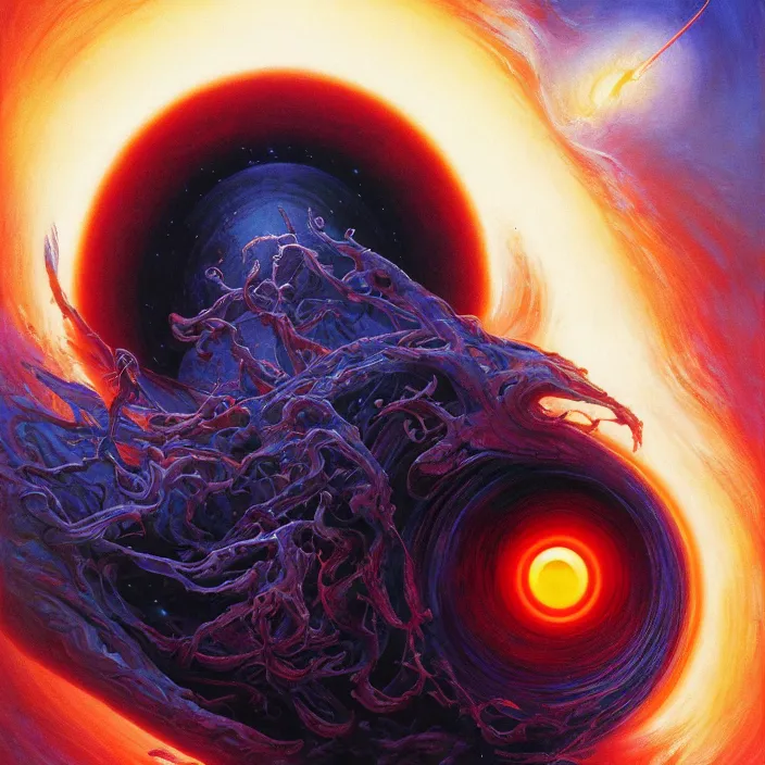 Prompt: cinematic portrait of psychedelic black hole, oil on canvas, masterpiece, trending on artstation, featured on pixiv, cinematic composition, dramatic pose, beautiful lighting, sharp details, hyper-detailed, HD, HDR, 4K, 8K, art by Tim Hildebrandt and Wayne Barlowe and Bruce Pennington and ruan jia and larry elmore,