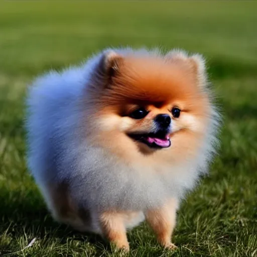 Prompt: a Pomeranian with no legs hopping through clouds, rays of sunshine