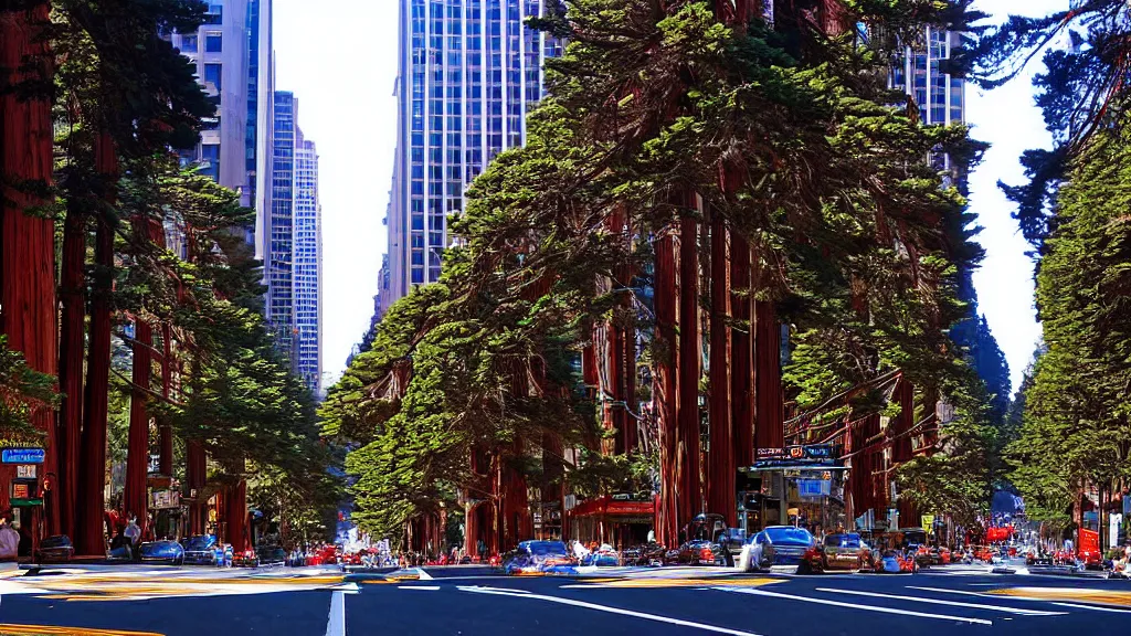 Prompt: Market Street lined with Redwood Trees by bruce mccall; Futuristic City in Harmony with Nature; Location: San Francisco, California;