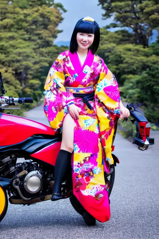 Image similar to full - length photo, young woman, riding a motorcycle, wearing japanese kimono, high heels, 4 k, colourful