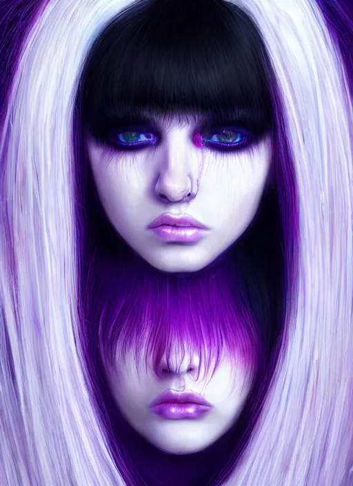 Image similar to hair whitebangs hair, black cyberlox, portrait of teenage girl with white bangs, whitebangsblackhair, messy bangs, cyberlox, whitebangs, red irises, purple clothes, intricate, elegant, glowing lights, highly detailed, digital painting, artstation, concept art, sharp focus, illustration, art by wlop, mars ravelo and greg rutkowski