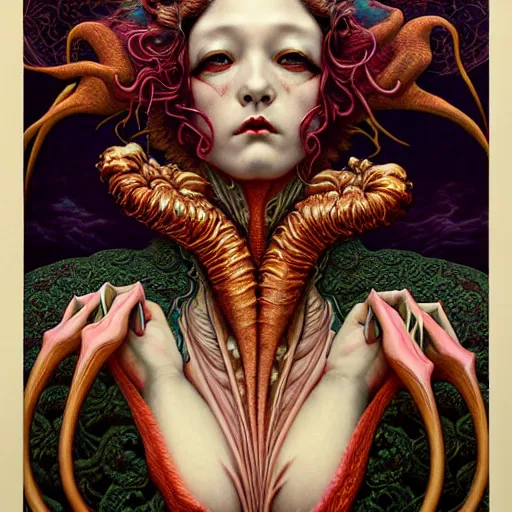 Image similar to beautifully scary creature emerging from the depths by Chie Yoshii and Casey Weldon and Guillermo del toro, art nouveau , ornate, dynamic, particulate, rich colors, intricate, elegant, highly detailed, centered, artstation, smooth, sharp focus, octane render, 3d