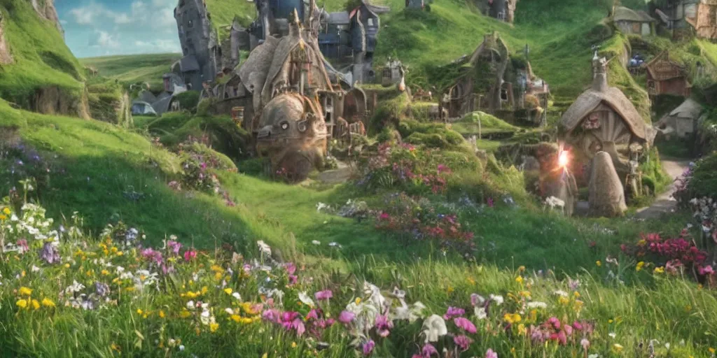 Image similar to a film still from howl's moving castle!!!!! of hobbiton, light bloom, studio ghibli!!!!!