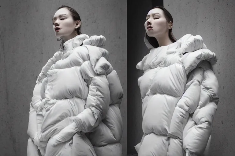 Image similar to well lit fashion shoot portrait of extremely beautiful female marble statue wearing huge over size puffer jacket by dingyun zhang, yeezy, balenciaga, vetements, a cold wall, sharp focus, clear, detailed,, cinematic, detailed, off white, glamourous, symmetrical, vogue, editorial, fashion, magazine shoot, glossy