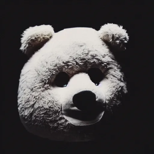 Prompt: a ( chiaroscuro lighting portrait ) of kanye west dressed as teddy bear mascot, black background, portrait by julia margaret cameron, shallow depth of field, 8 0 mm, f 1. 8