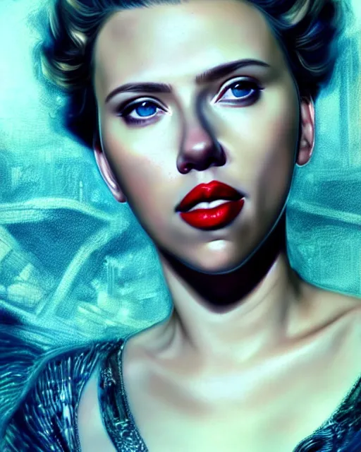 Image similar to highly detailed vfx portrait of scarlett johansson, red lipstick, global illumination, detailed and intricate environment by james jean