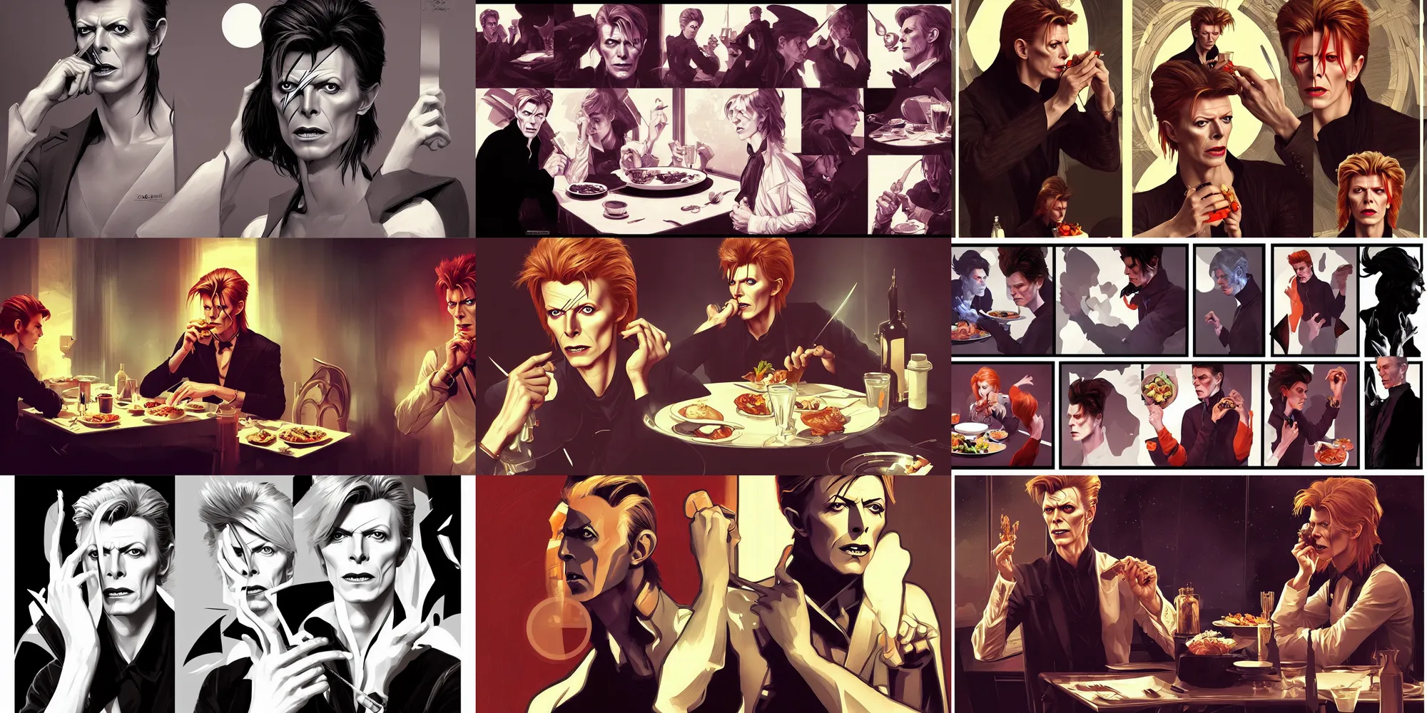 Prompt: david bowie eating dinner, character sheet, character design, contrast, deep focus, turnaround, highly detailed, dramatic lighting, digital painting, artstation, concept art, matte, sharp focus, illustration, elegant, art by artgerm and greg f and alphonse mucha.