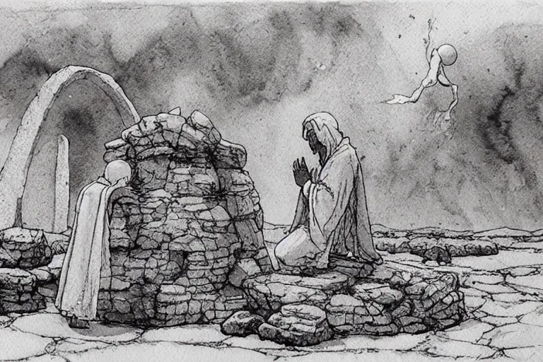 Image similar to a realistic and atmospheric watercolour fantasy concept art of a ufo landing in a floating stonehenge. one dirty medieval monk in grey robes is on his knees praying to the ufo. muted colors. by rebecca guay, michael kaluta, charles vess and jean moebius giraud