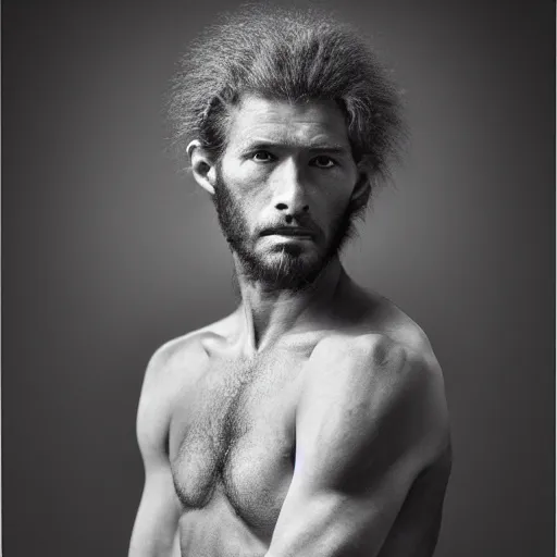 Prompt: portrait of lion - human hybrid, by annie leibovitz, portrait of a young man, studio lighting, award - winning