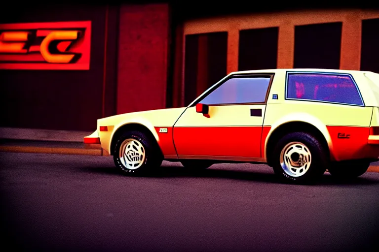 Prompt: stylized poster of a single 1 9 8 6 amc amx / 3 land cruiser, thick neon lights, ektachrome photograph, volumetric lighting, f 8 aperture, cinematic eastman 5 3 8 4 film