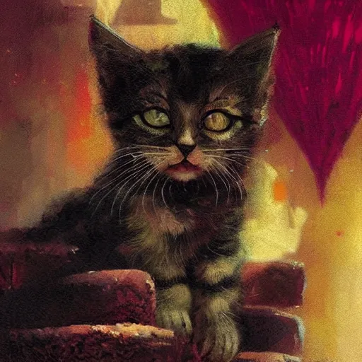 Prompt: Portrait of a kitten, fantasy, colorful, detailed, by Greg Rutkowski and Dave McKean, pink and gold color palette