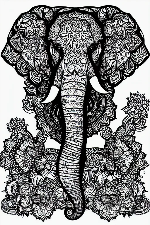 Image similar to elephant, ornaments, fractal, ink drawing, line art colouring page