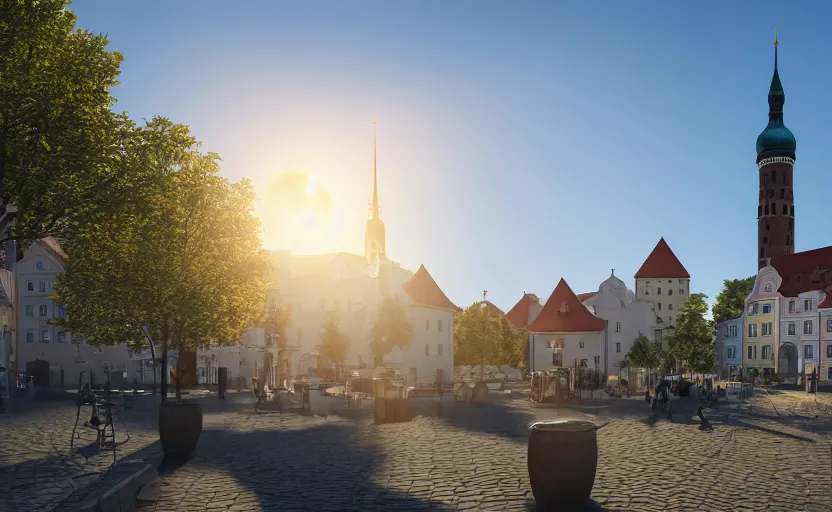 Image similar to photorealistic Tallinn on a sunny day . daylight. sunlight. lens flare. light fixtures. 8K. detailed. photorealism. artstation. 25mm f/1.7 ASPH Lens. ultra realistic