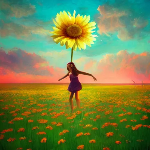 Prompt: giant daisy flower as head, girl dancing in a flower field, surreal photography, sunrise, dramatic light, impressionist painting, colorful clouds, digital painting, artstation, simon stalenhag