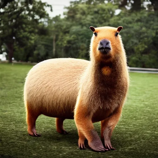 Image similar to a high quality photo of an antropomorphic capybara wearing a suit, 8k, digital art