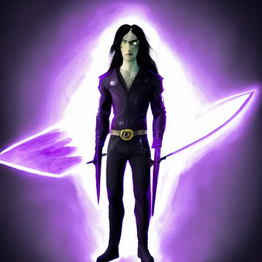 Prompt: An epic fantasy comic book style portrait painting of a young man with straight long black hair lilac eyes. Wearing black spy combat clothes. He is holding knives in both hands. Menacing look. Dark purple energy portal around, born from shadows. Unreal 5, DAZ, hyperrealistic, octane render, cosplay, RPG portrait, dynamic lighting