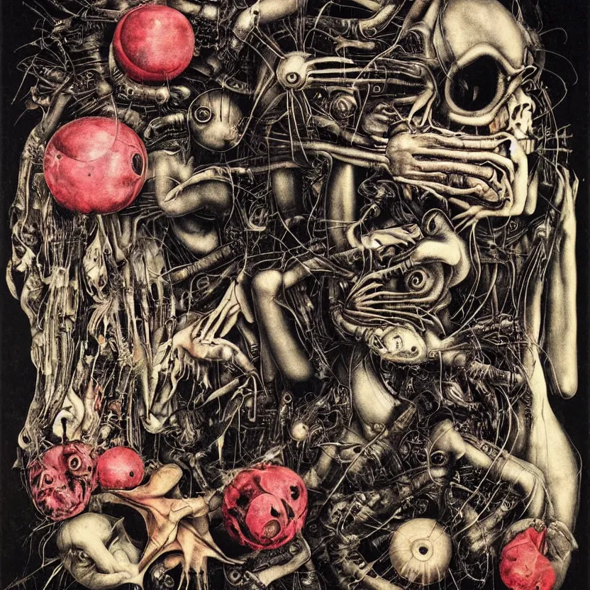 Image similar to post - punk pop techno new age album cover, asymmetrical design, alien? magic, apocalypse, psychedelic, highly detailed, black white pink, magic, giger h. r., giuseppe arcimboldo