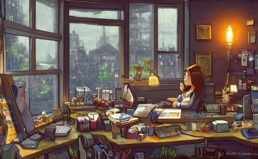 Image similar to Artstation Character sitting and relaxing in front of their work desk in their cozy room as a peaceful rainy city scene is seen through the room's window. Smooth Highly detailed masterpiece pixel-art. in the style of Close Highly detailed masterpiece professional artistry Sega, Namco, Neogeo, Capcom artist's Pixel-art. Trending on artstation. Slice-of-life genre art. Balanced colors and lighting scheme by James Gurney and artgerm. In the style of a 'Music to chill/study' to youtube video.