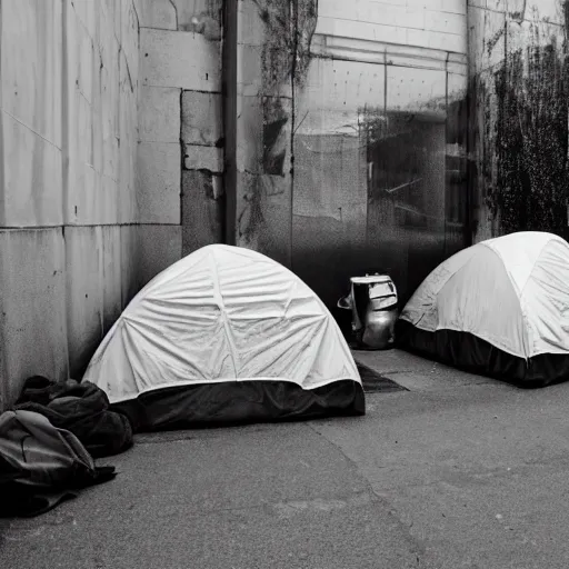 Prompt: homeless person luxury encampment
